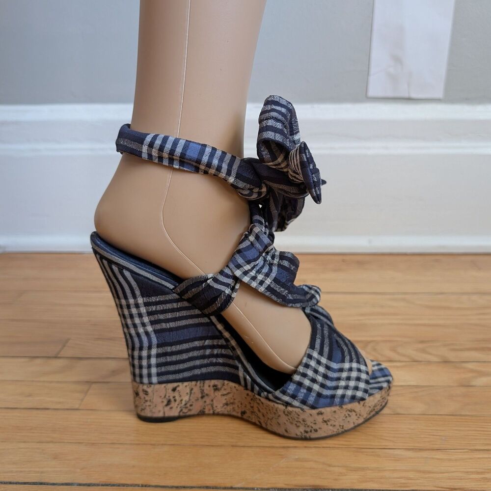 Donna Karan Cork Platform Sandal Madras Wedge Plaid Embossed Logo Designer 8.5 - Picture 4 of 12